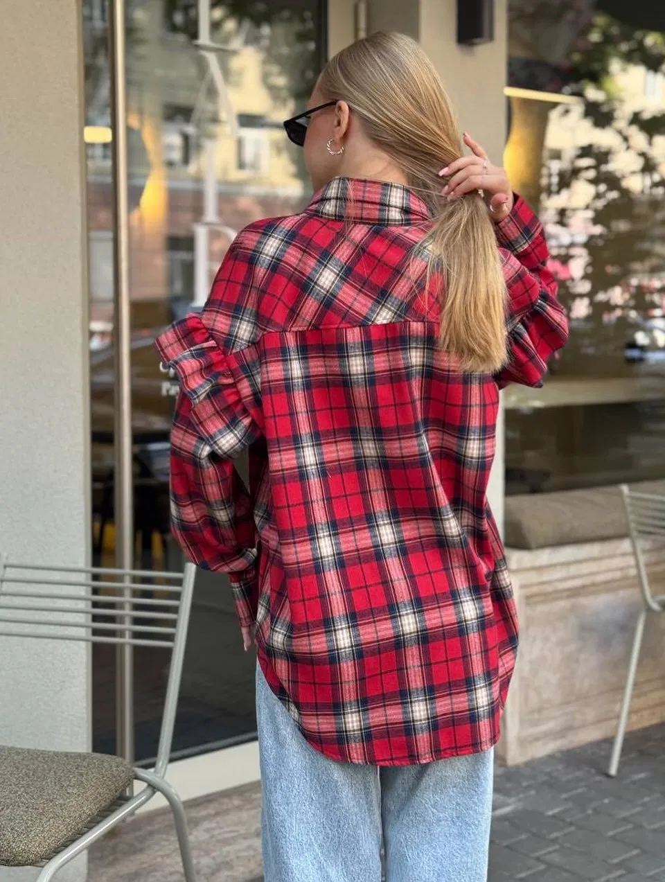 Camisa de Flanela Xadrez Oversized Feminina de Manga Longa Casual com Botões Blusa Checada Vintage para Mulheres