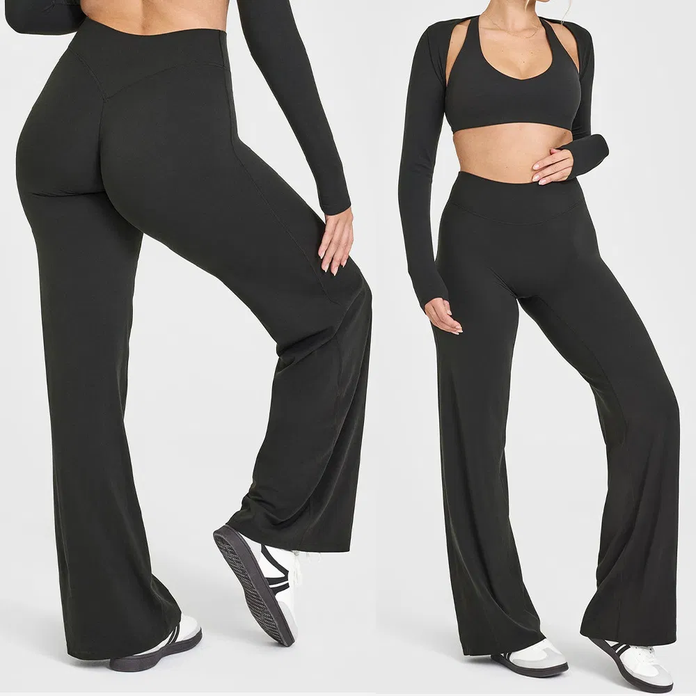 Leggings Flare de Cintura Alta para Exercícios com Logo Personalizado OEM, Macias e Elásticas, Calças de Yoga para Mulheres em Tamanhos Grandes, Roupas de Esporte