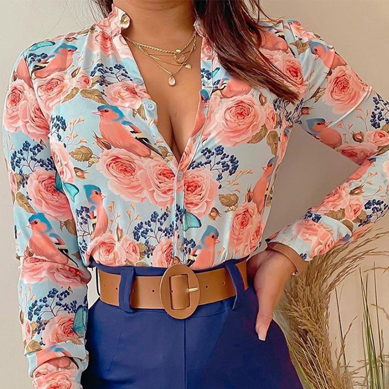 Blusas de Manga Longa Femininas Camisa Floral Impressa