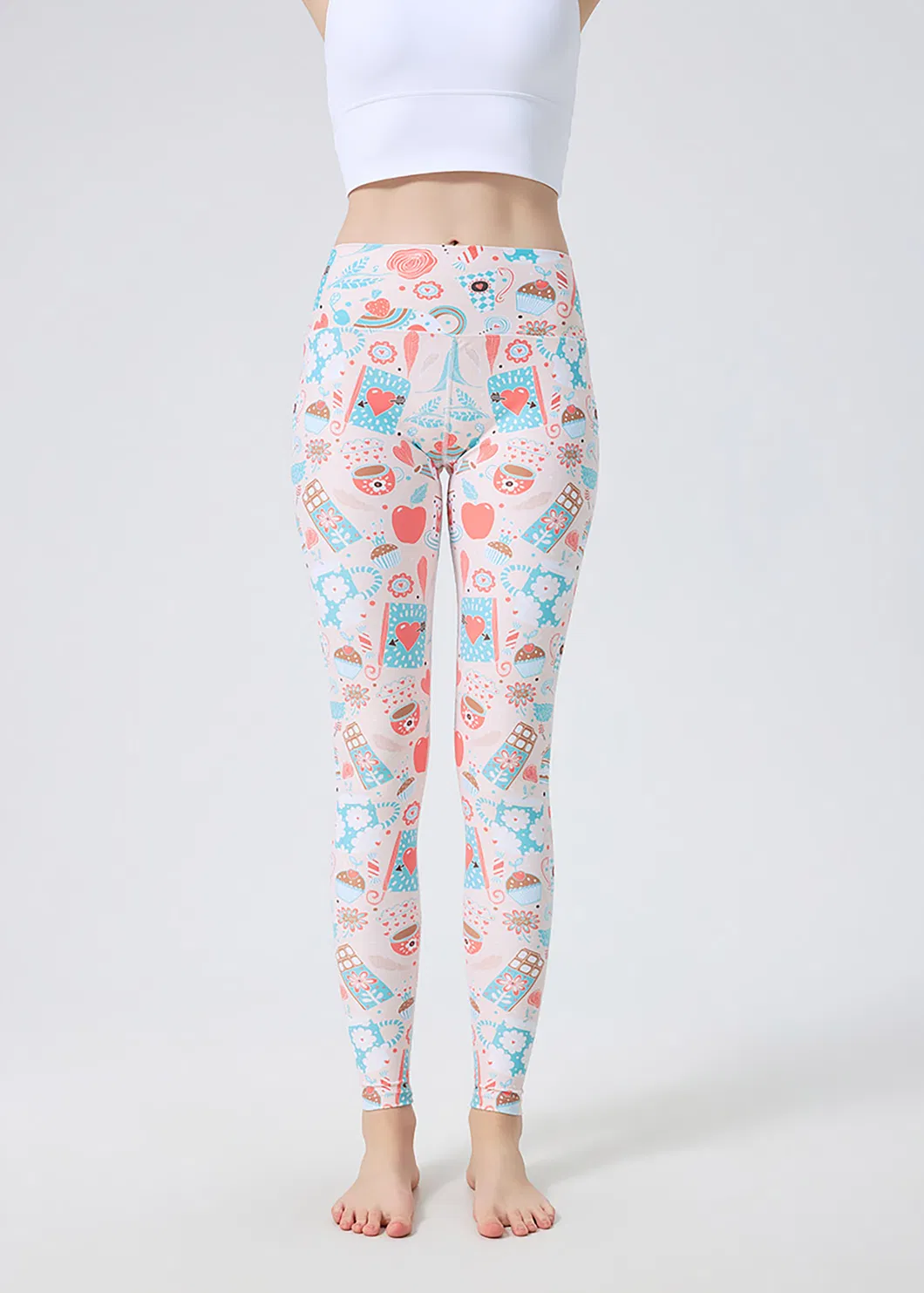 Leggings de Yoga Impressas em Rosa Fofo, Calças de Yoga para Mulheres com Cintura Alta e Elástico Stretchable
