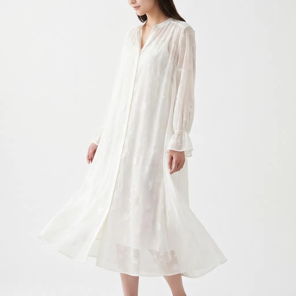 Vestido Longo Jacquard de Cor Sólida para Mulheres, Decote em V, Manga Flare, Blusa Tunic de Jacquard Floral Transparente