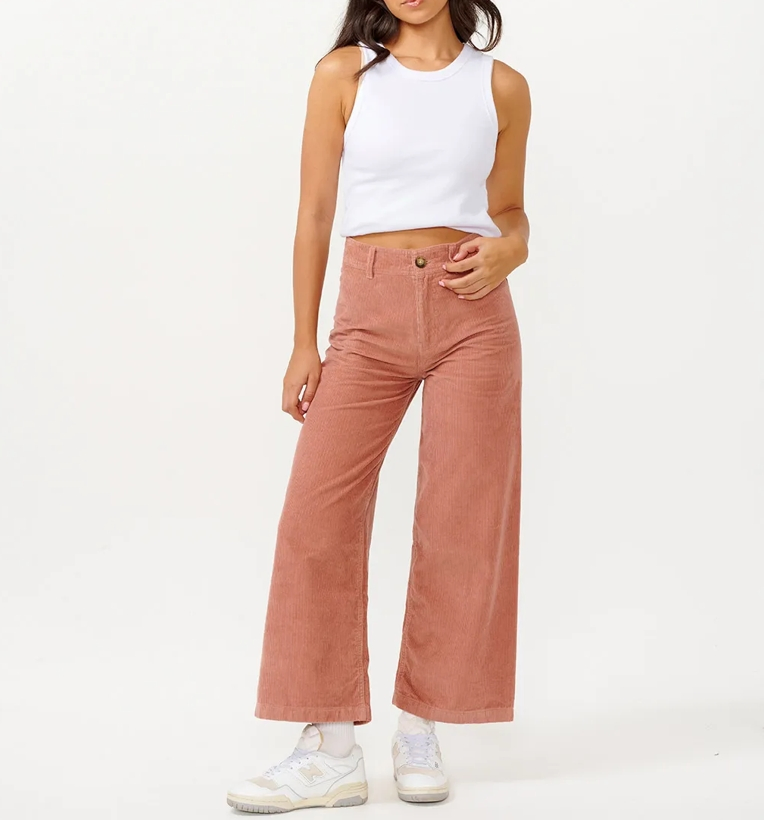 Calças de corduroy femininas personalizadas com fecho de zíper e bolsos laterais
