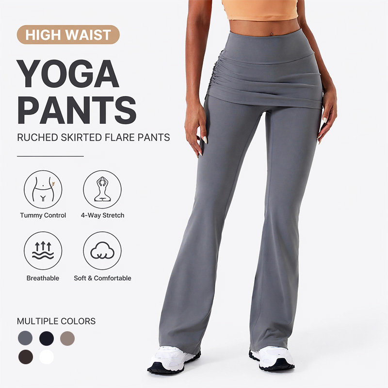Calças de Yoga Flare de Cintura Alta com Ruchado e Controle de Barriga 4-Way Leggings de Ginástica com Sobreposição de Saia