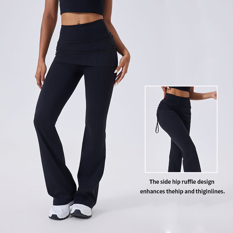 Calças de Yoga Flare de Cintura Alta com Ruchado e Controle de Barriga 4-Way Leggings de Ginástica com Sobreposição de Saia