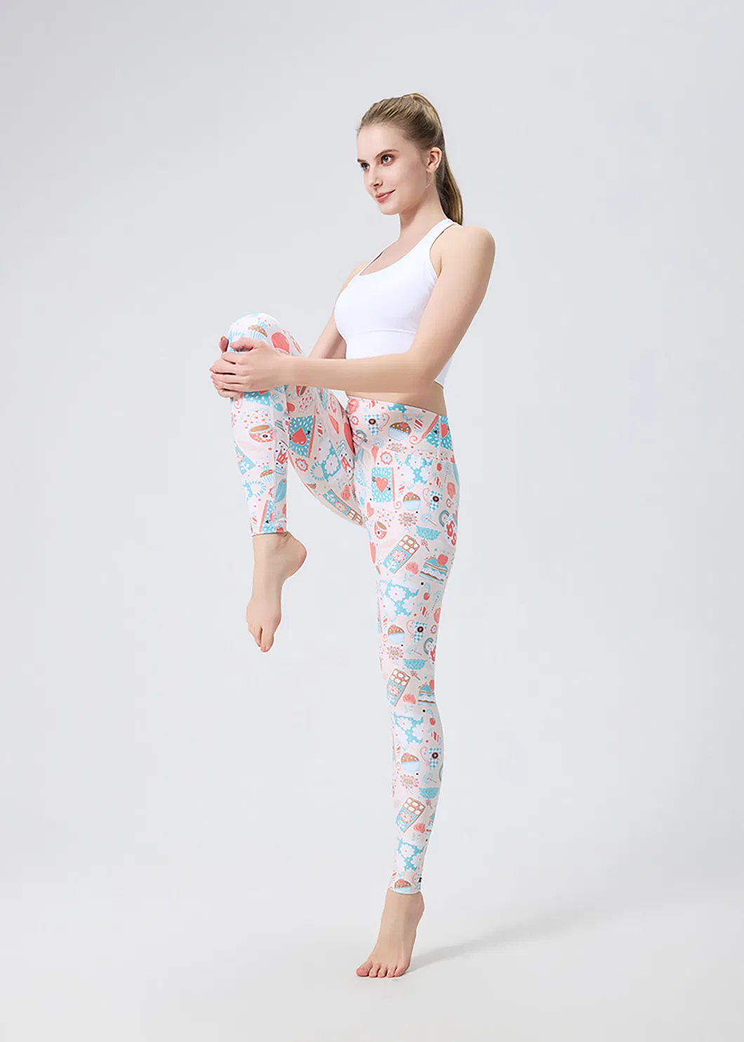 Leggings de Yoga Impressas em Rosa Fofo, Calças de Yoga para Mulheres com Cintura Alta e Elástico Stretchable