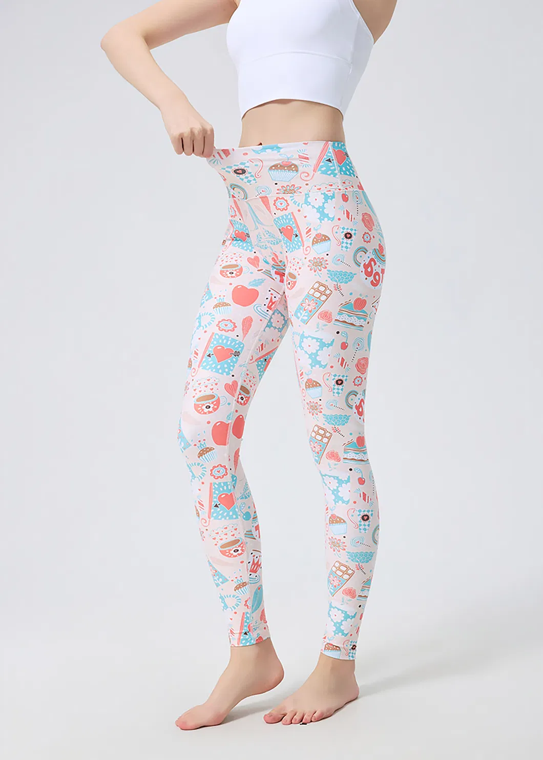 Leggings de Yoga Impressas em Rosa Fofo, Calças de Yoga para Mulheres com Cintura Alta e Elástico Stretchable