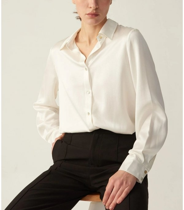 Camisa de botão feminina de seda satin com mangas longas