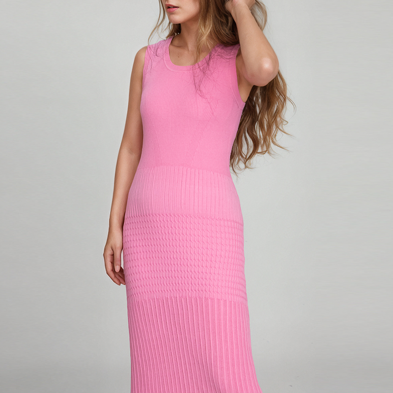Vestido de malha justo de alta qualidade, longo, sem mangas, com decote redondo, vestido maxi de suéter feminino