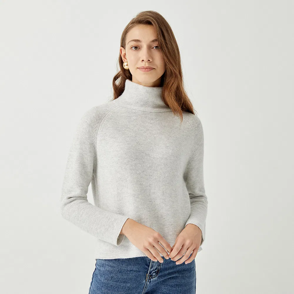 Suéter de pulôver curto para mulheres, com gola alta, de manga longa, em cashmere personalizado para o inverno