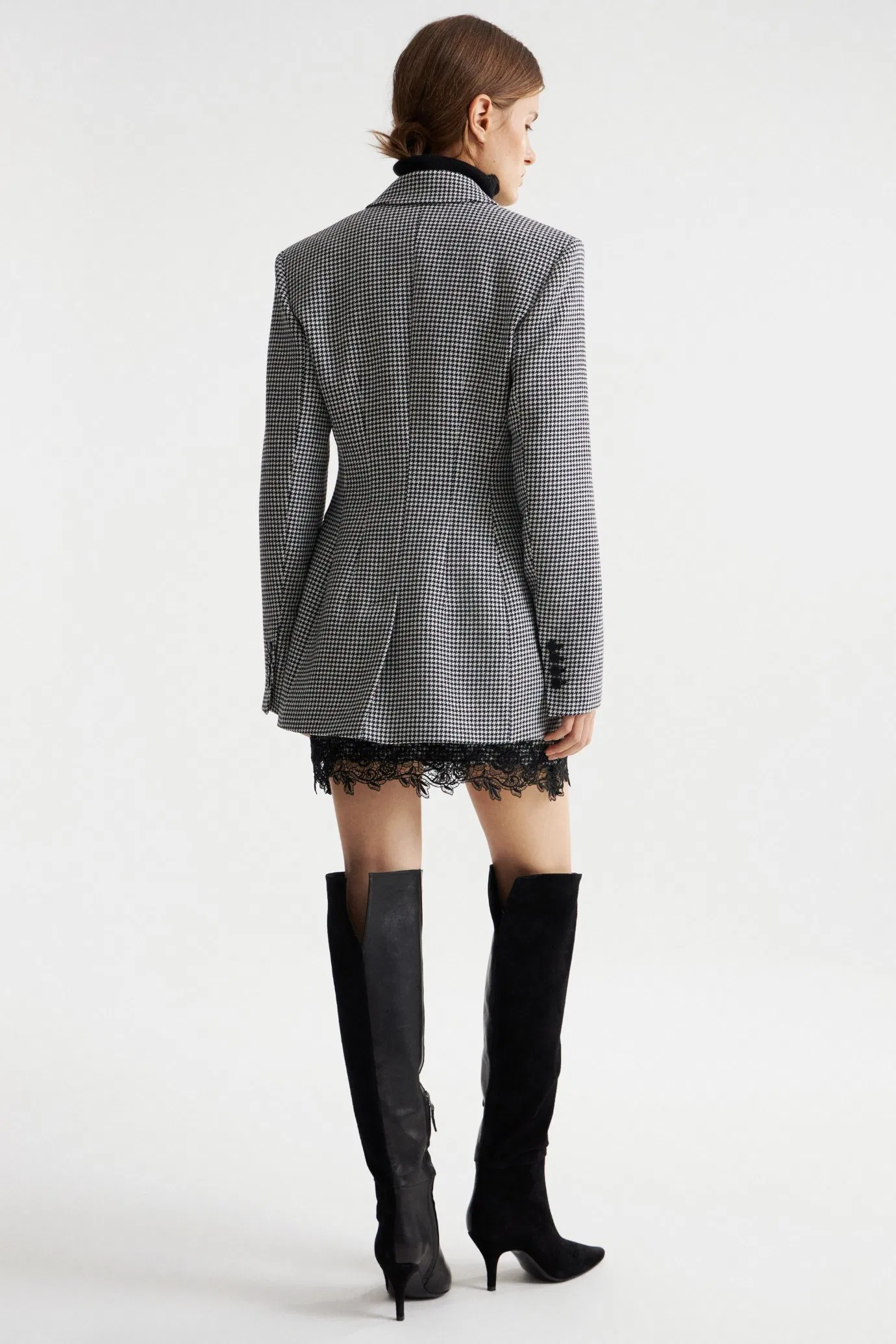 Blazer feminino de alta qualidade personalizado com tecido de lã misto pied-de-poule e gola de lapela pontuda