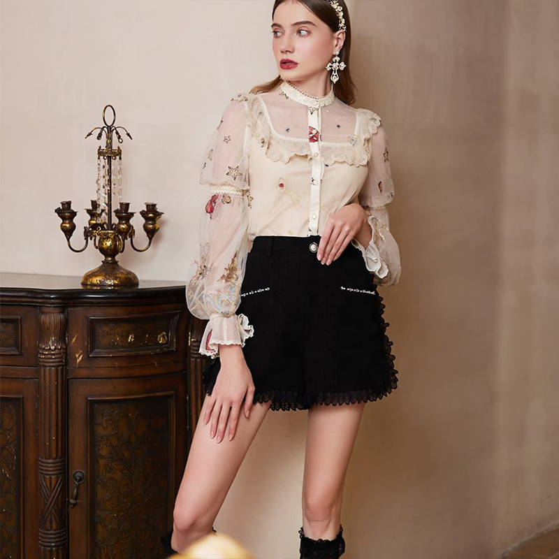 Blusa de Renda Vintage para Mulheres com Bordado em Malha, Gola Alta com Renda, Manga Longa Puff, Camisa Elegante Transparente com Estampa Floral, Blusas de Chiffon para Festa Diária