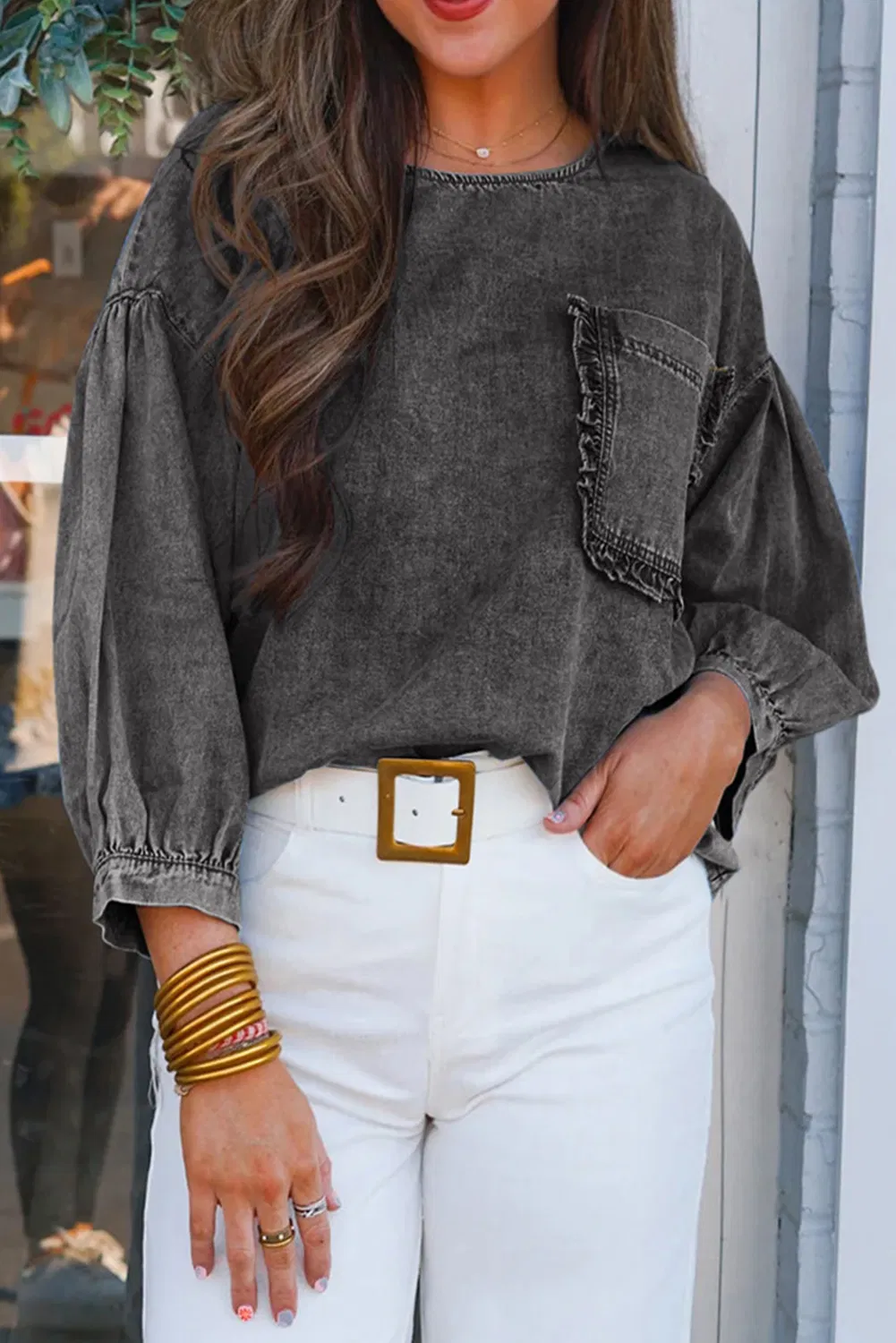Detalhes da Blusa Denim Feminina