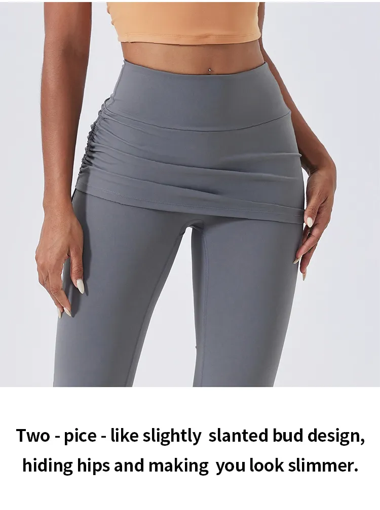Calças de Yoga Flare de Cintura Alta com Ruchado e Controle de Barriga 4-Way Leggings de Ginástica com Sobreposição de Saia
