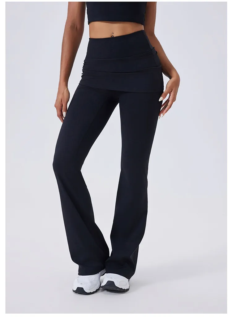 Calças de Yoga Flare de Cintura Alta com Ruchado e Controle de Barriga 4-Way Leggings de Ginástica com Sobreposição de Saia