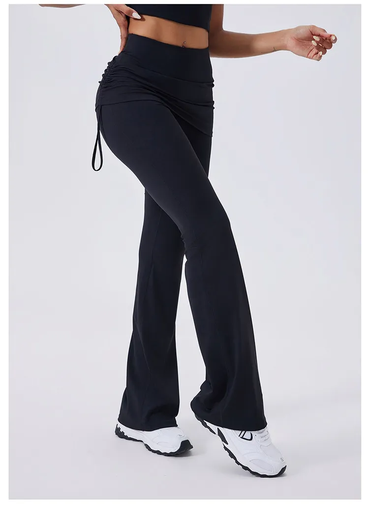 Calças de Yoga Flare de Cintura Alta com Ruchado e Controle de Barriga 4-Way Leggings de Ginástica com Sobreposição de Saia