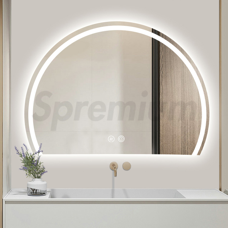 Spremium Half Circle Decorative Glass Wall LED Bathroom Moon Smart Mirrors with Backlights Semicircle Half Round Illuminated Mirror