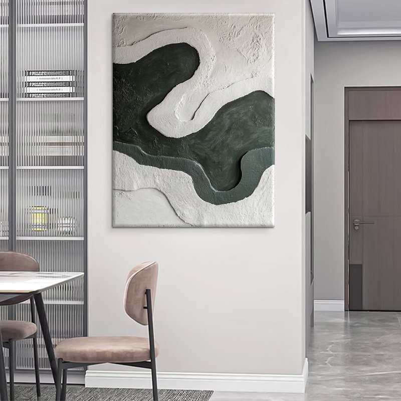 Green White Textured Wave Abstract Canvas Art, Minimalist Wall Decor for Home