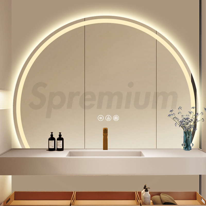 Spremium Half Circle Decorative Glass Wall LED Bathroom Moon Smart Mirrors with Backlights Semicircle Half Round Illuminated Mirror