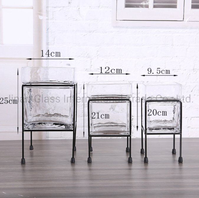 Nordic Style Black Metal Glass High Foot Square Vase Flower Vessel Hydroponic Creative Decoration