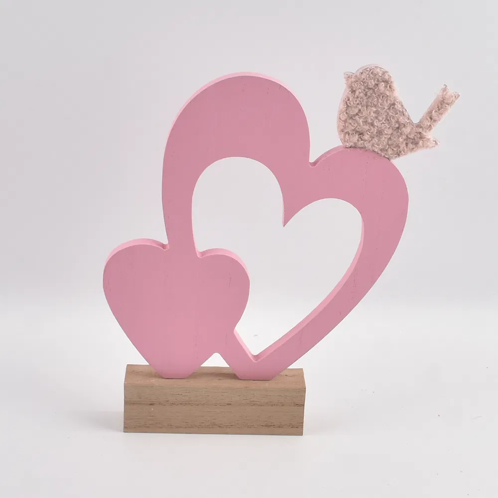 Wooden Tabletop Home Decorative Heart-Shaped Ornaments with Rectangle Wooden Base for Valentine′ S Day