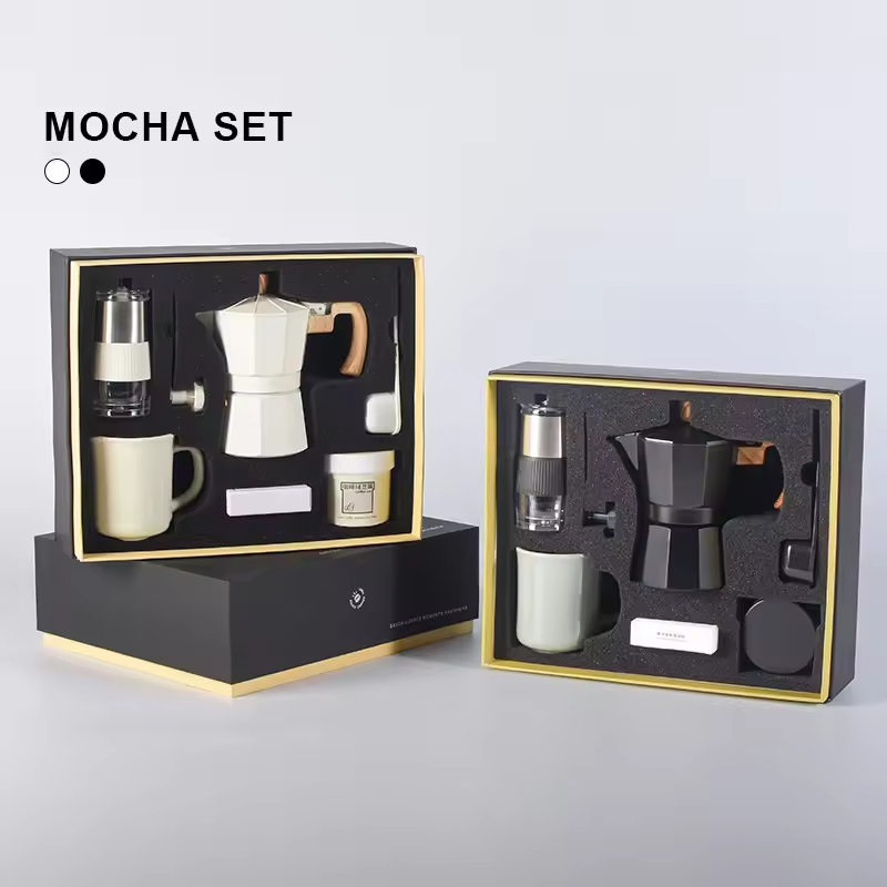 Personalized Mini Coffee Maker Set 6 Pieces Manual Coffee Brewing Kit Portable Moka Pot Gift Set Box for Camping Hiking
