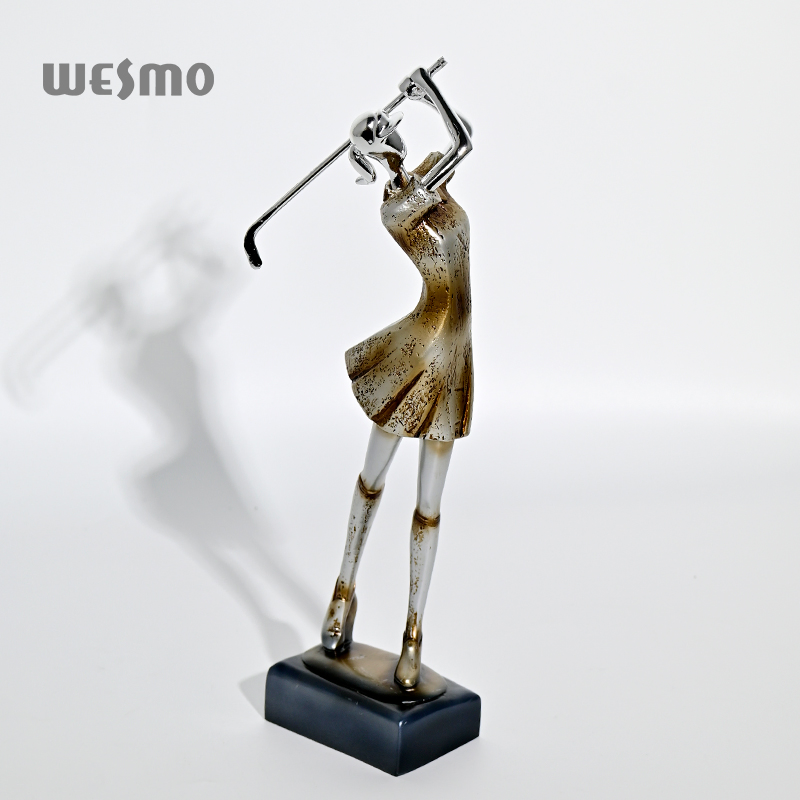Painted European Style Sculpture Resin Electroplating Design Gold Golfer Female Decorative Tabletop Ornament