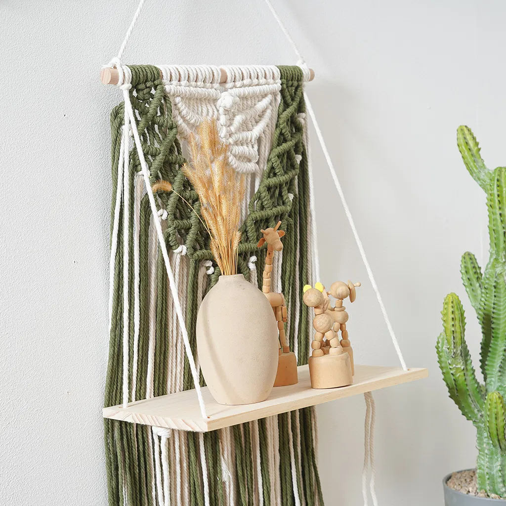Boho Macrame Wall Hanging Shelf Cotton Wood Floating Magazine Organizer for Home Decor