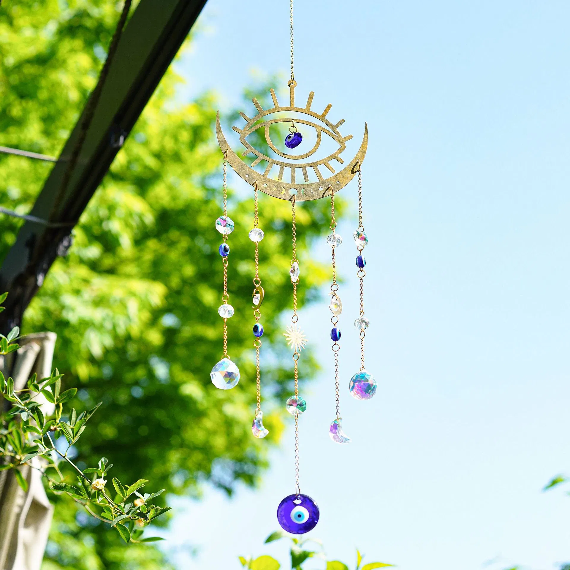 Evil Eye Brass Suncatcher with Blue Crystal for Garden Protection Decor