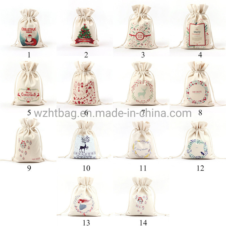 Wholesale Customized Design Festival Seasonal Gift Christmas Food Portable Reusable Promotion Pouch Packing Double Pull Cord Muslin Canvas Cotton Drawstring Bag