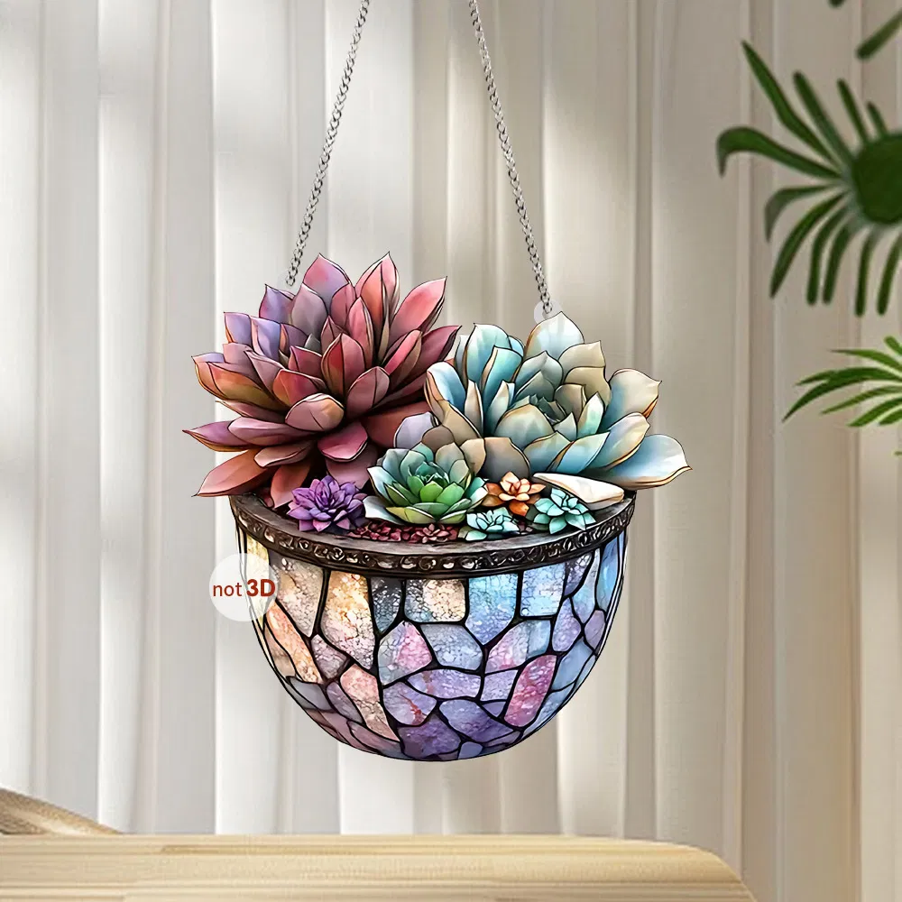 Colorful and Lifelike Flat Acrylic Succulent Pendant for Wall and Door Decor