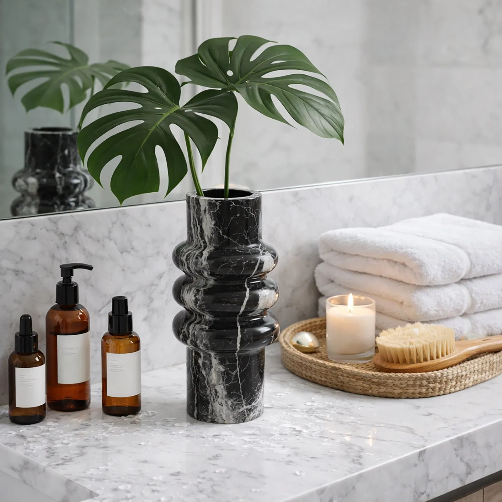 Natural Black Sliver Marble Stone Decorative Flower Vase for Hotels Home Decoration