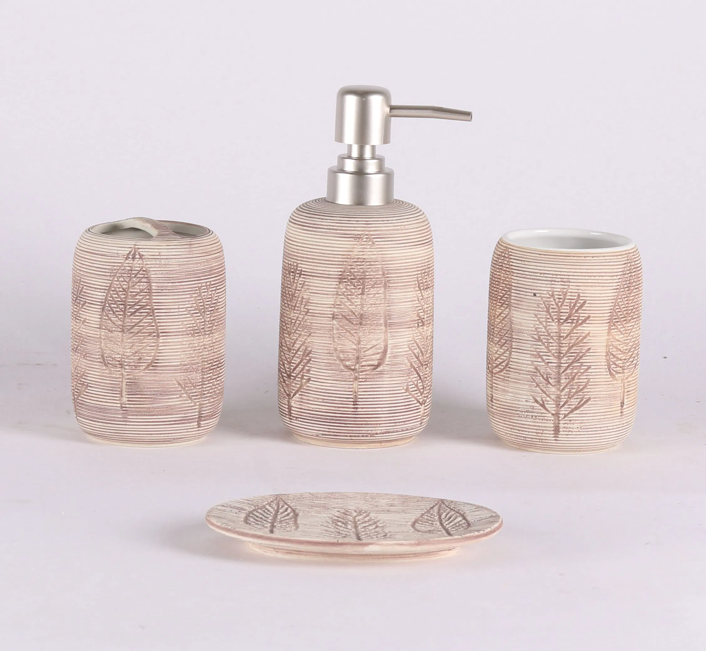 Ceramic Bathroom Set Luxury Decoration Home Accessories Modern Matte White Color Accented with Bamboo Piece Hotel Bathroom Set