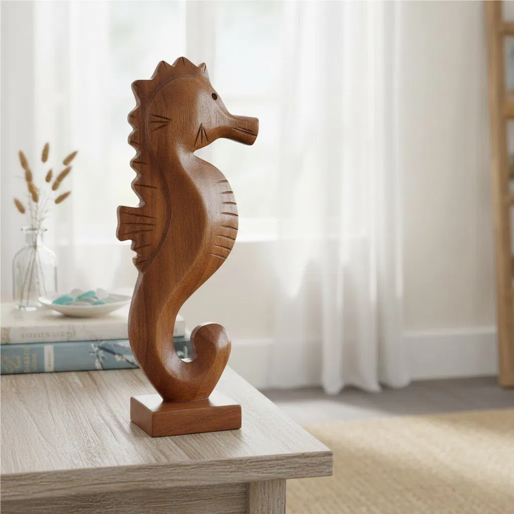 Carved Teak Sea Horse Decor, Nautical Tabletop Accent Home Decor