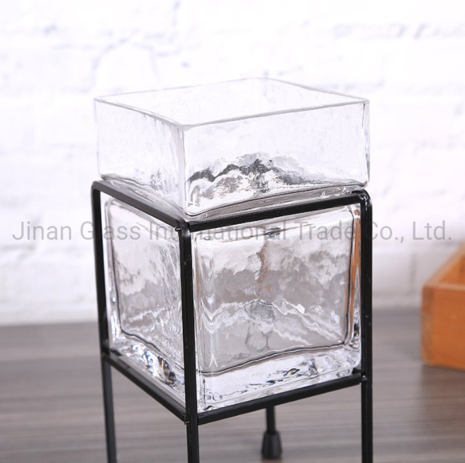 Nordic Style Black Metal Glass High Foot Square Vase Flower Vessel Hydroponic Creative Decoration