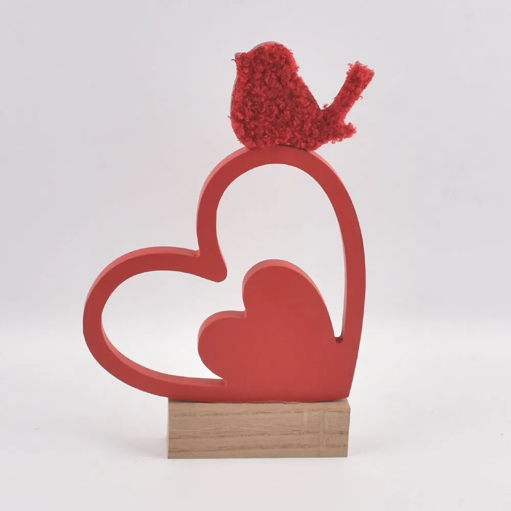 Wooden Tabletop Home Decorative Heart-Shaped Ornaments with Rectangle Wooden Base for Valentine′ S Day