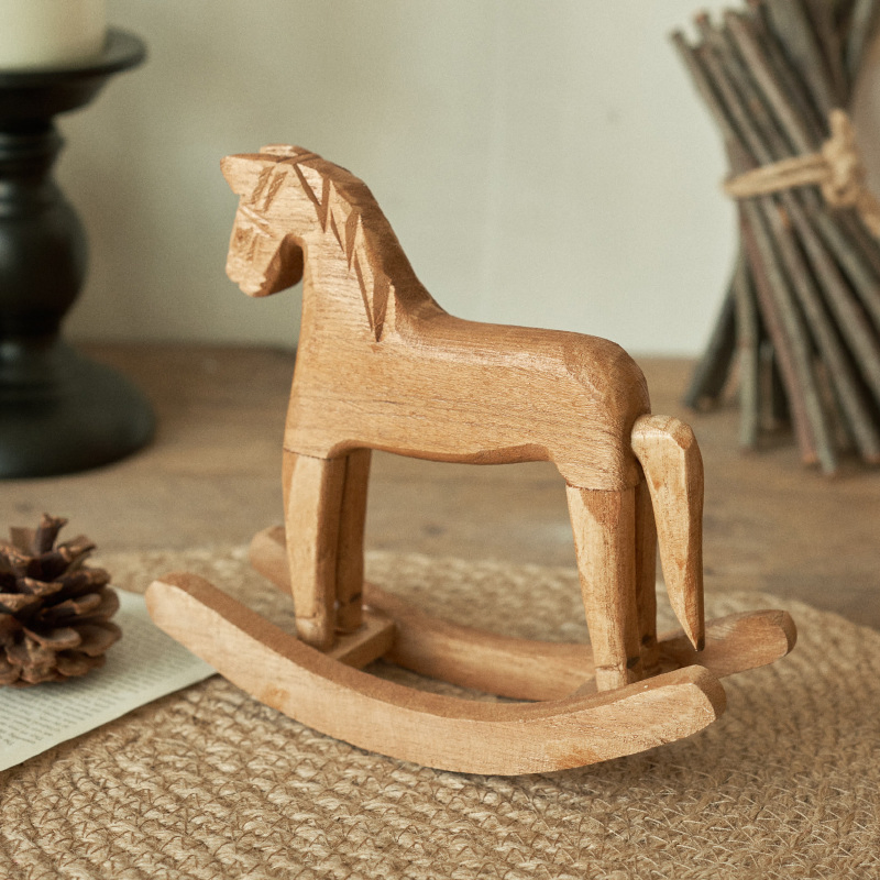 Handmade Nordic Style Wooden Rocking Horse Natural Pine Wood Desktop Ornament &amp; Home Decor Craft Symbol of Success
