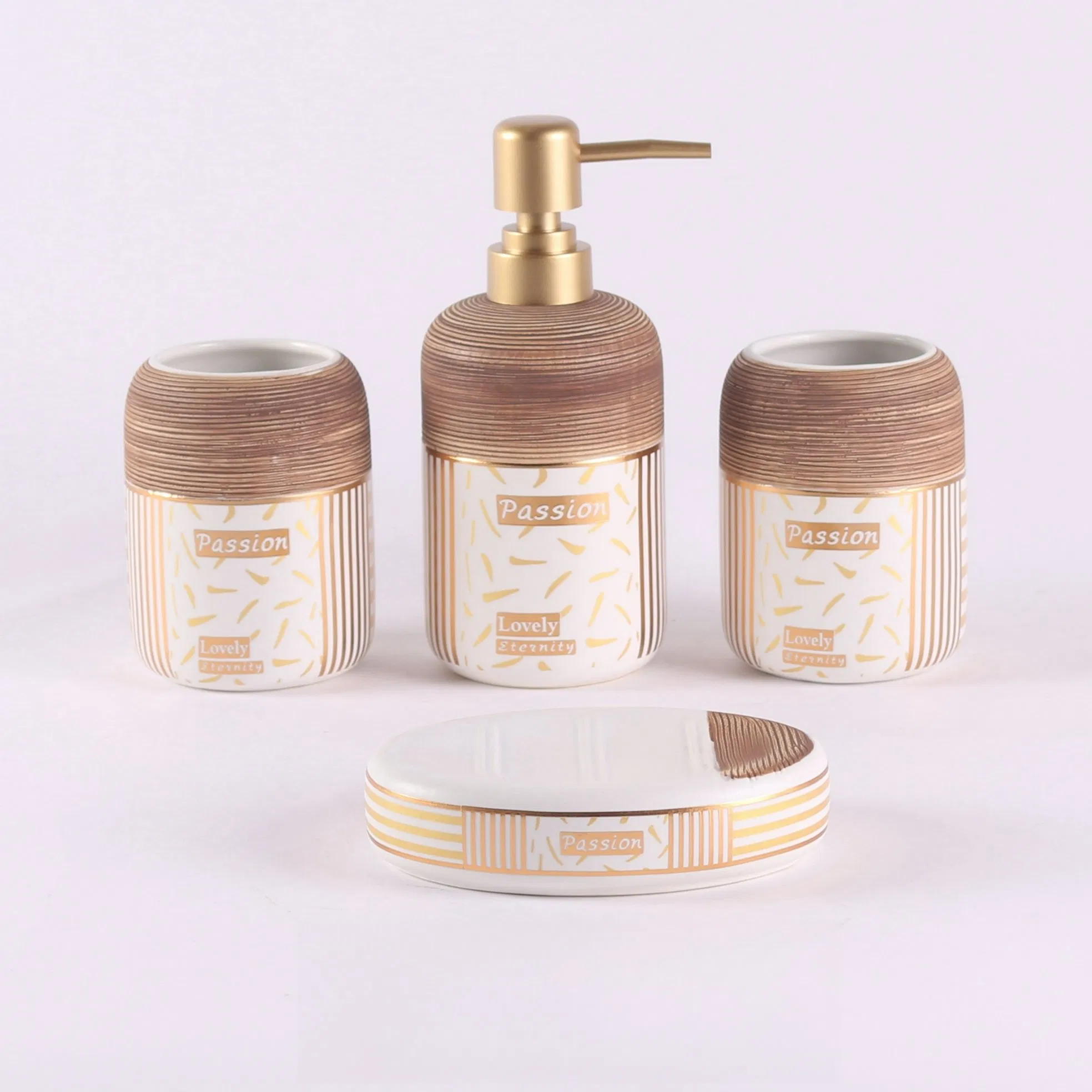 Ceramic Bathroom Set Luxury Decoration Home Accessories Modern Matte White Color Accented with Bamboo Piece Hotel Bathroom Set