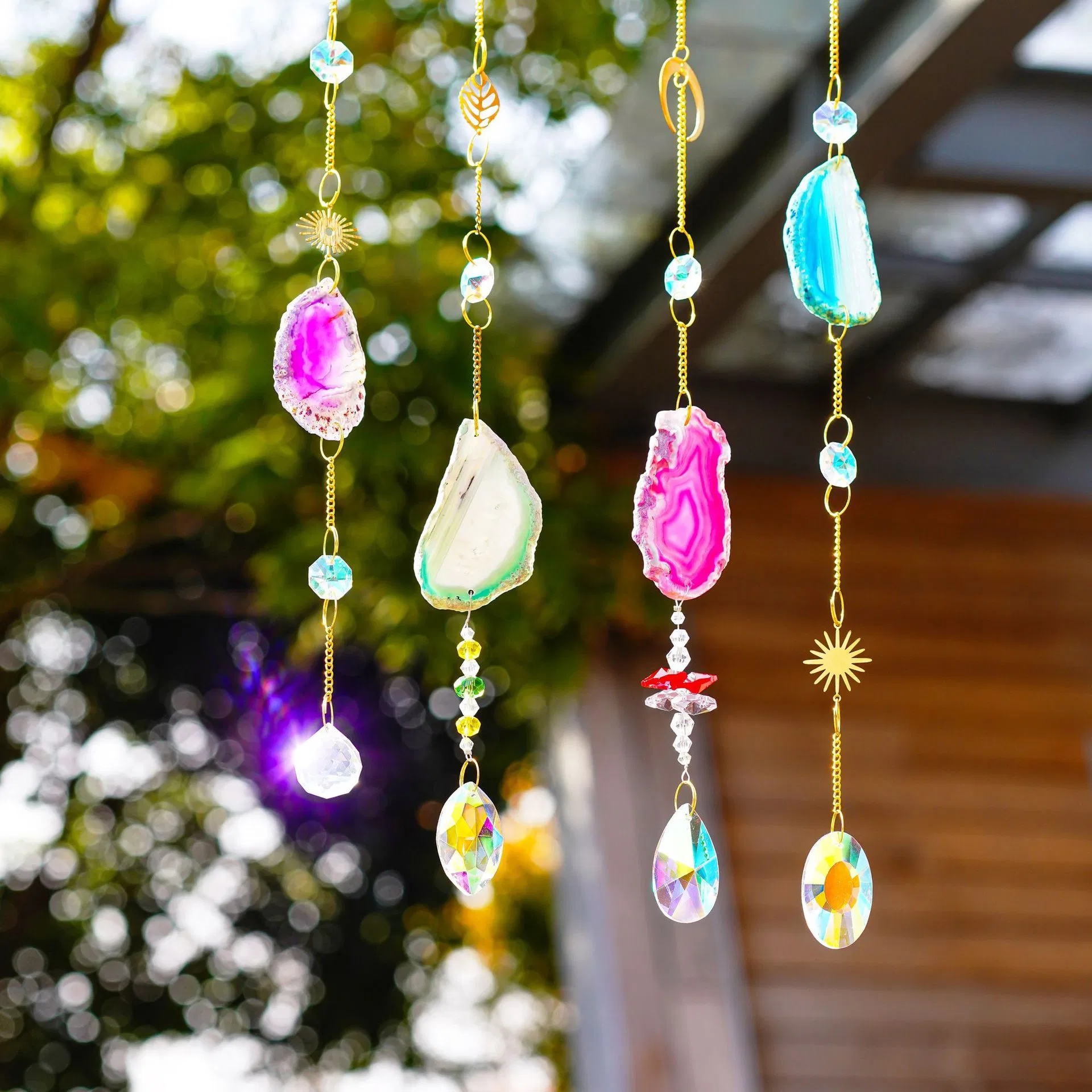 Natural Agate Sun Catcher with Crystal Prisms - Rainbow Window Decor
