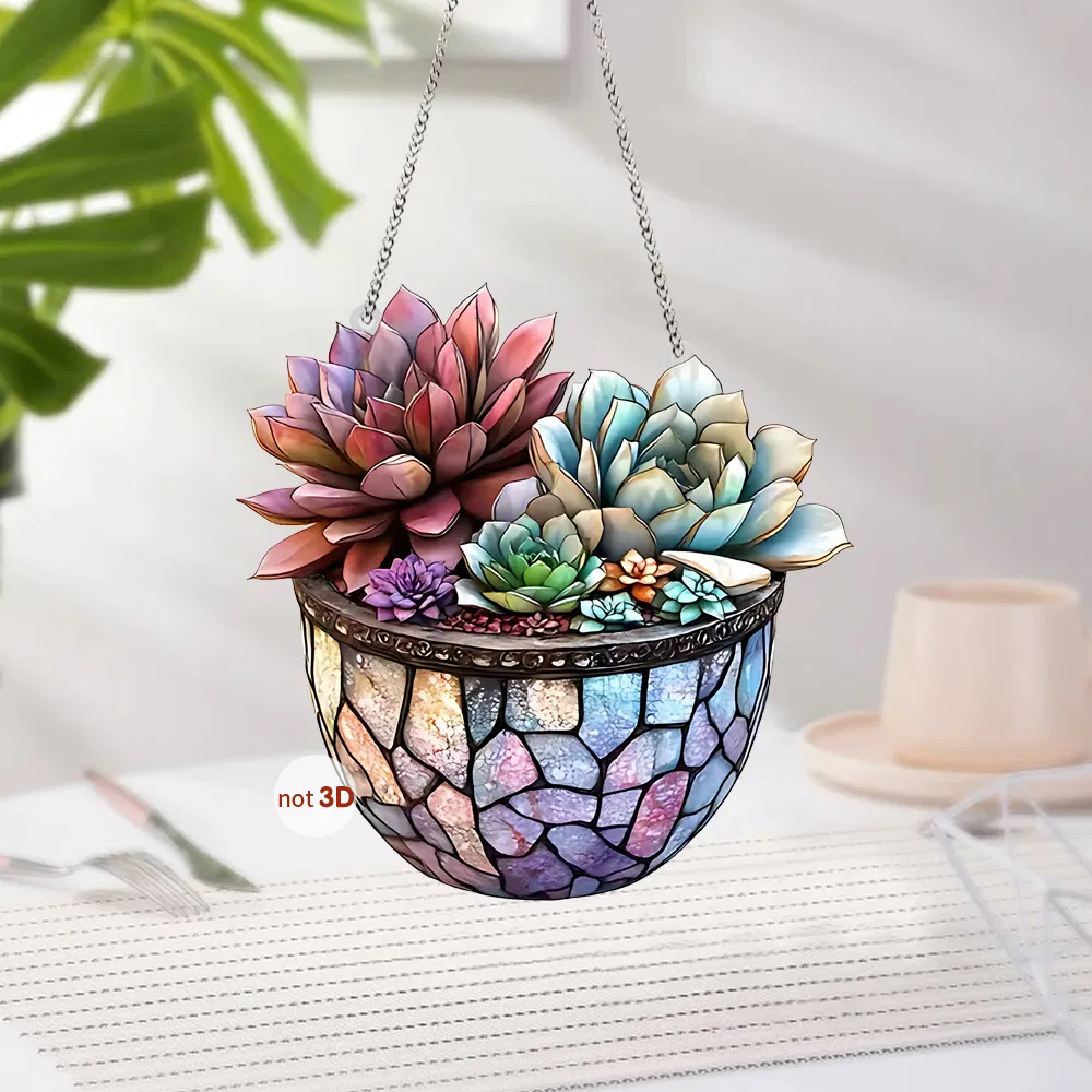 Colorful and Lifelike Flat Acrylic Succulent Pendant for Wall and Door Decor