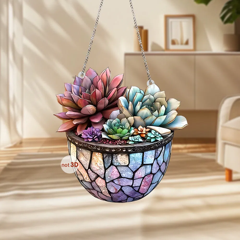 Colorful and Lifelike Flat Acrylic Succulent Pendant for Wall and Door Decor