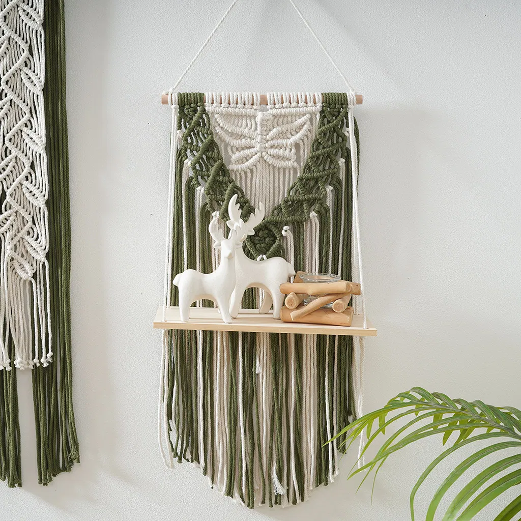 Bohemian-Nordic Style Wood Plant Holder Tassel Macrame Wall Hanging Shelf for Boho Bedroom Decor