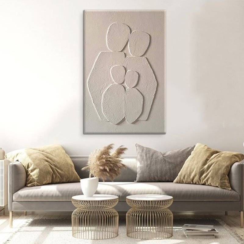 Beige Family Figure Textured Canvas Art, Warm Minimalist Wall Decor for Home