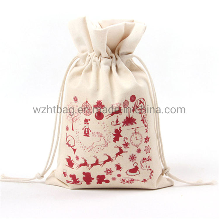 Wholesale Customized Design Festival Seasonal Gift Christmas Food Portable Reusable Promotion Pouch Packing Double Pull Cord Muslin Canvas Cotton Drawstring Bag
