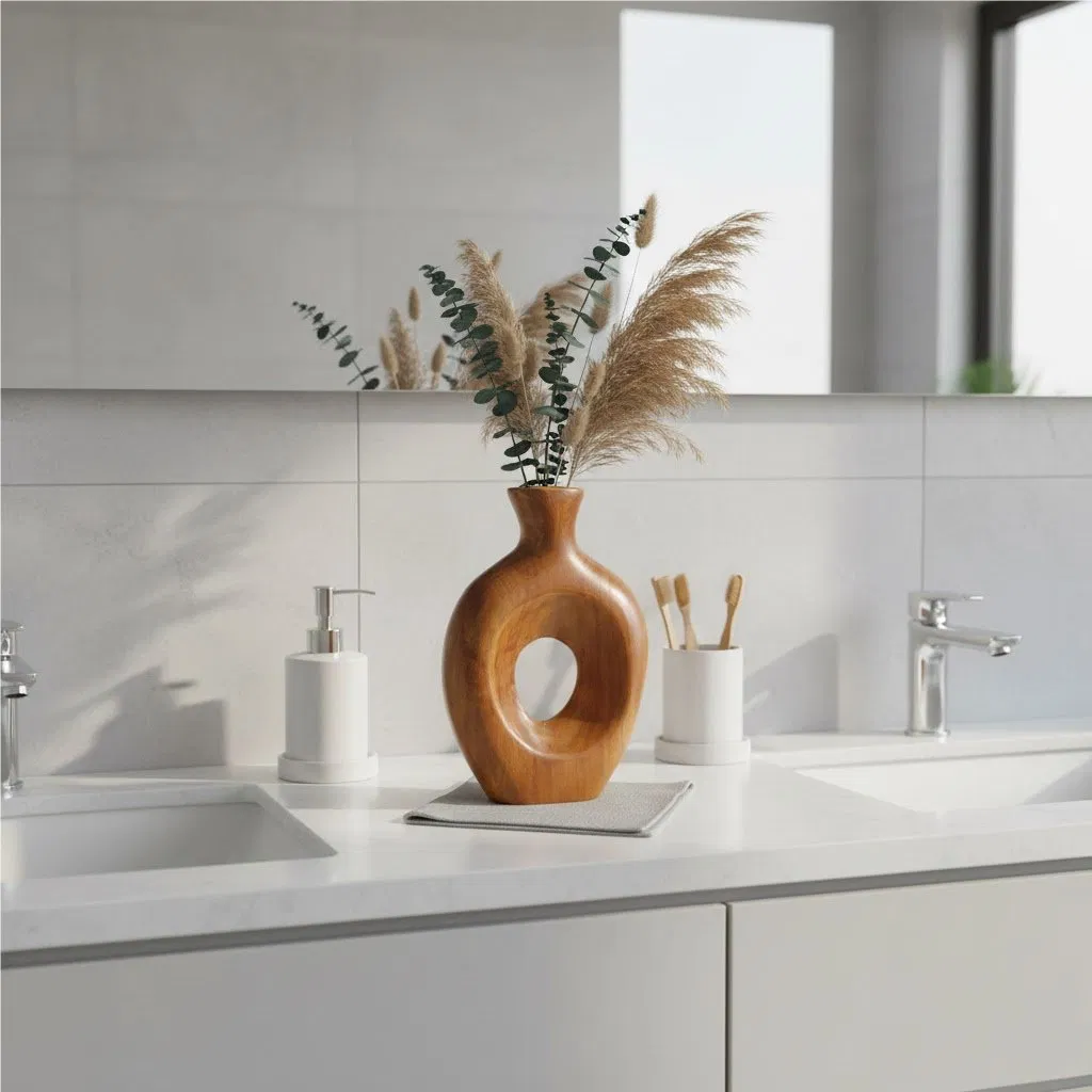 Cutout Circle Teak Vase, Organic Shape, Stylish Interior Accent