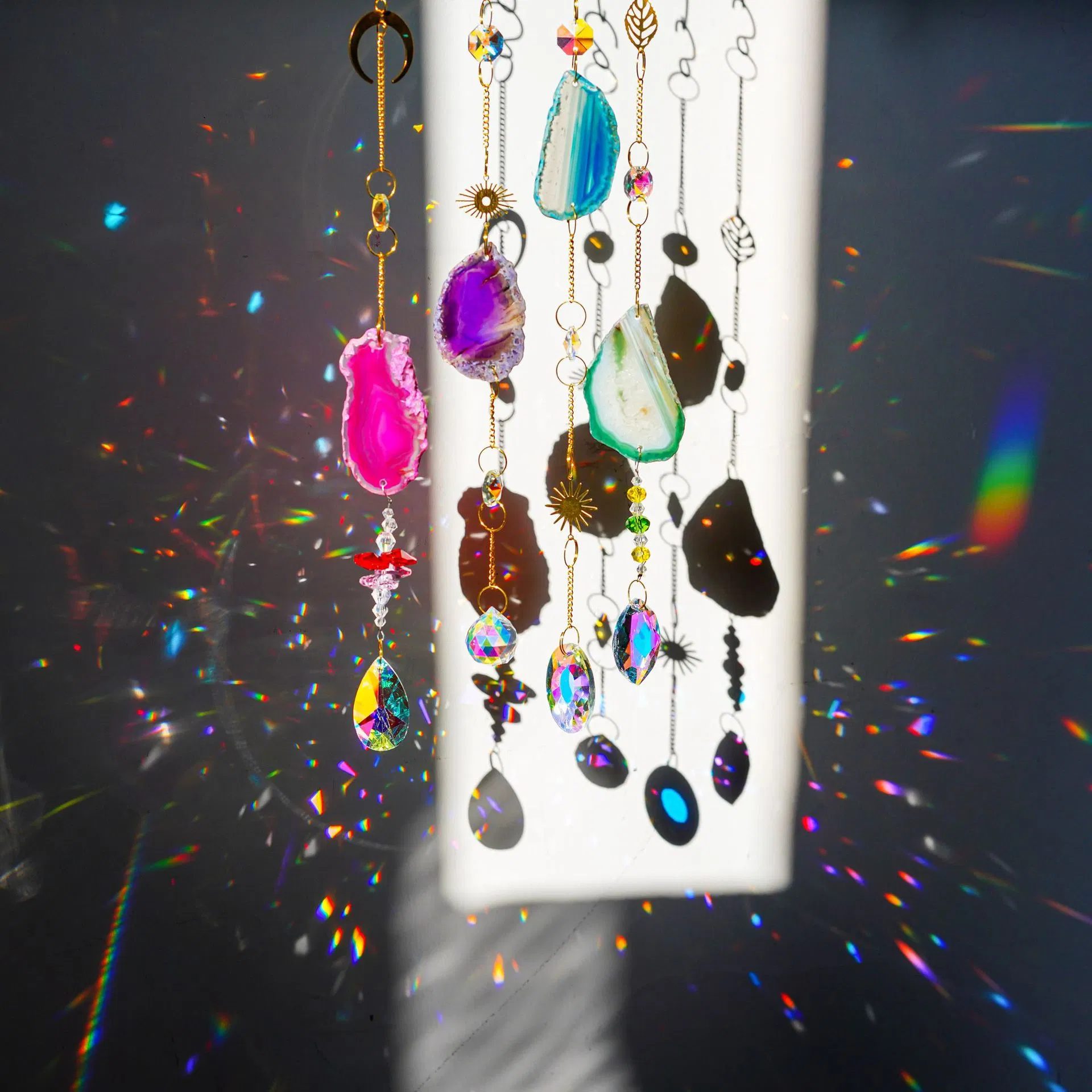 Natural Agate Sun Catcher with Crystal Prisms - Rainbow Window Decor
