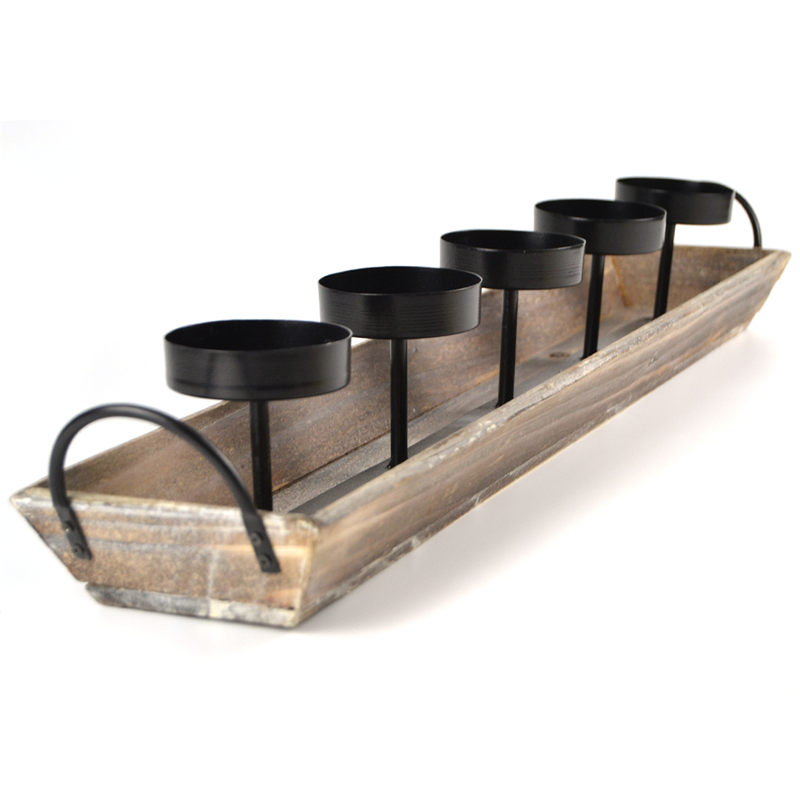 Rectangle Wood Tray Metal Votive Candle Holders with Handles