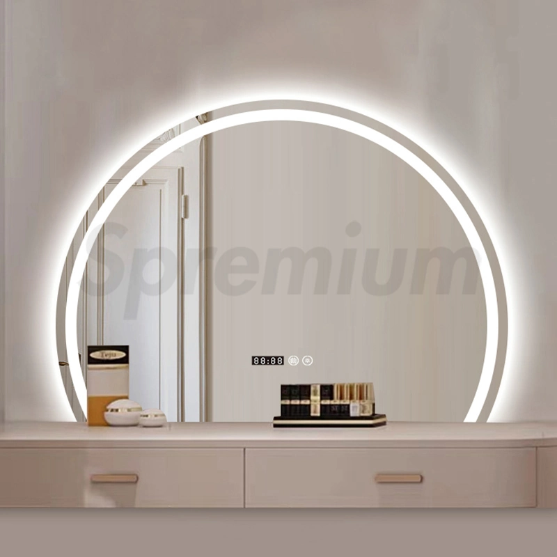 Spremium Half Circle Decorative Glass Wall LED Bathroom Moon Smart Mirrors with Backlights Semicircle Half Round Illuminated Mirror