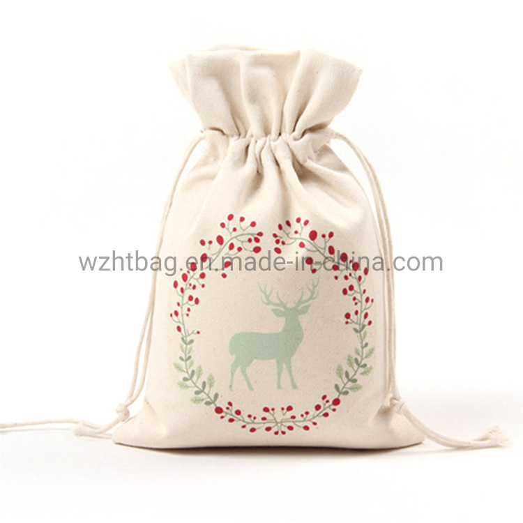 Wholesale Customized Design Festival Seasonal Gift Christmas Food Portable Reusable Promotion Pouch Packing Double Pull Cord Muslin Canvas Cotton Drawstring Bag