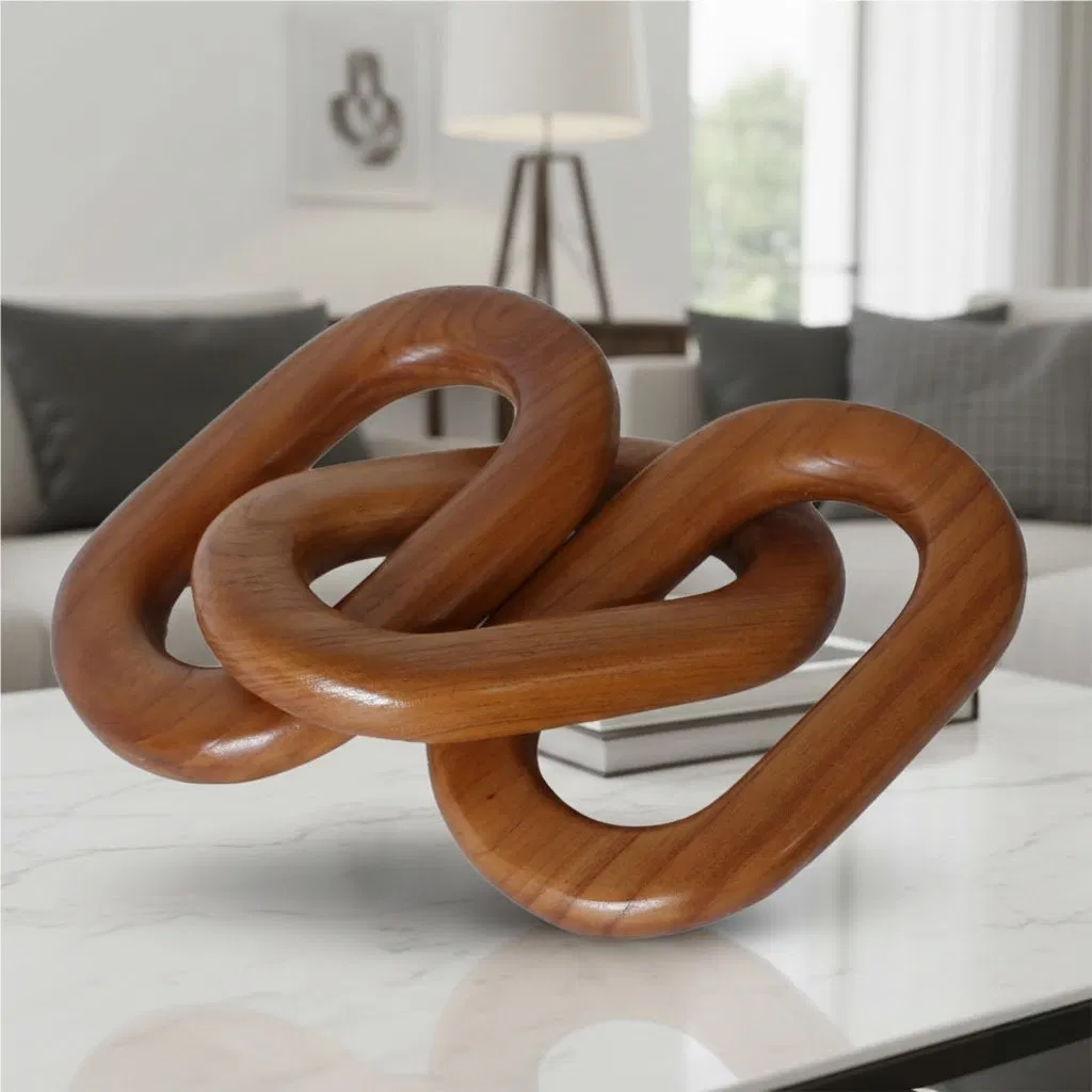 Teak Wood Chain Link Decor, Interlocking Oval Design, Modern Tabletop Accent
