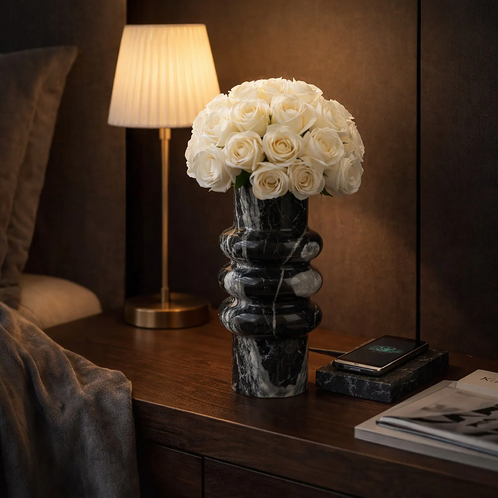 Natural Black Sliver Marble Stone Decorative Flower Vase for Hotels Home Decoration